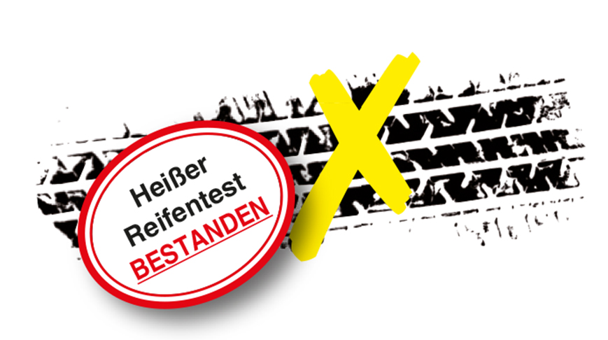 Schwarze Reifenspuren durchgestrichen - Heißer Reifentest Bestanden